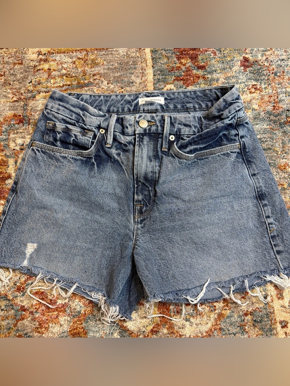 Good American Distressed Blue Denim Shorts